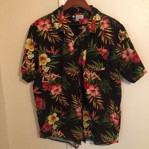 LRG Mens Hawaiian Shirt Black Red Floral Short Sleeve Zombie Hula Girls XL
